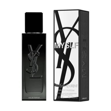 My self - ysl Svart parfymflaska med YSL-logotyp och en matchande box.
